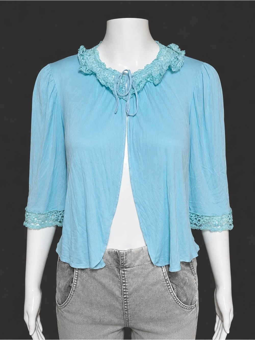 Vintage Phil-Maid Turquoise Lace Bed Jacket Tie Front Sheer